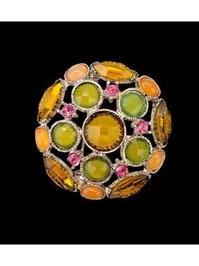 Vintage Round Rhinestone Brooch Green Amber Pink Statement Pin 1.75" Varied